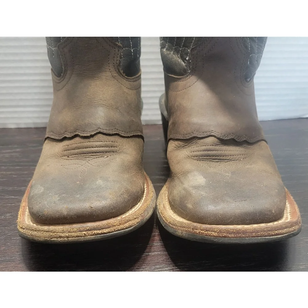 Old West Boy's Boots Size 2.5 D Brown Leather BSC1865 Plaid Top Orange